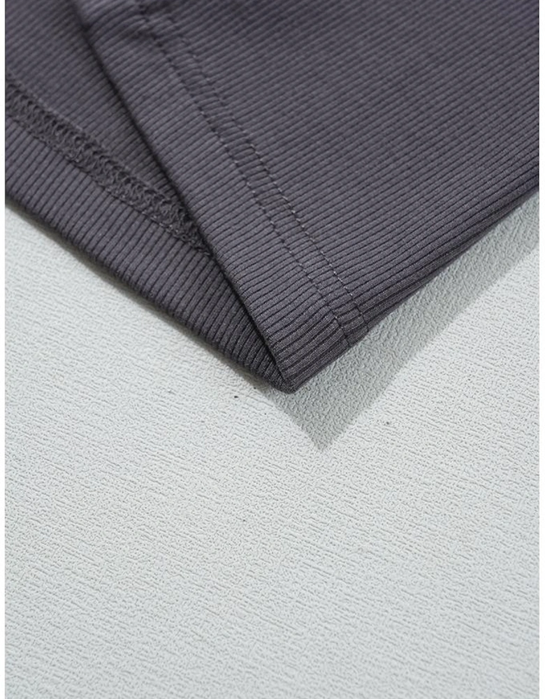 Carbon Grey Ribbed Knit Colorblock Edge U Neck Slim Fit Tank Top