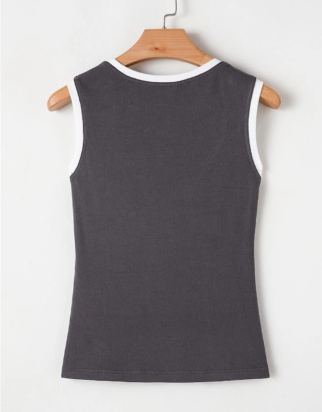 Carbon Grey Ribbed Knit Colorblock Edge U Neck Slim Fit Tank Top