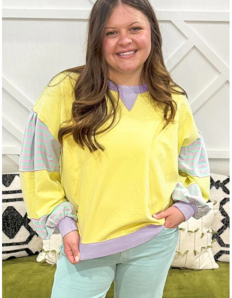 Yellow Striped Color Block Patchwork Crewneck Plus Size Pullover Sweatshirt