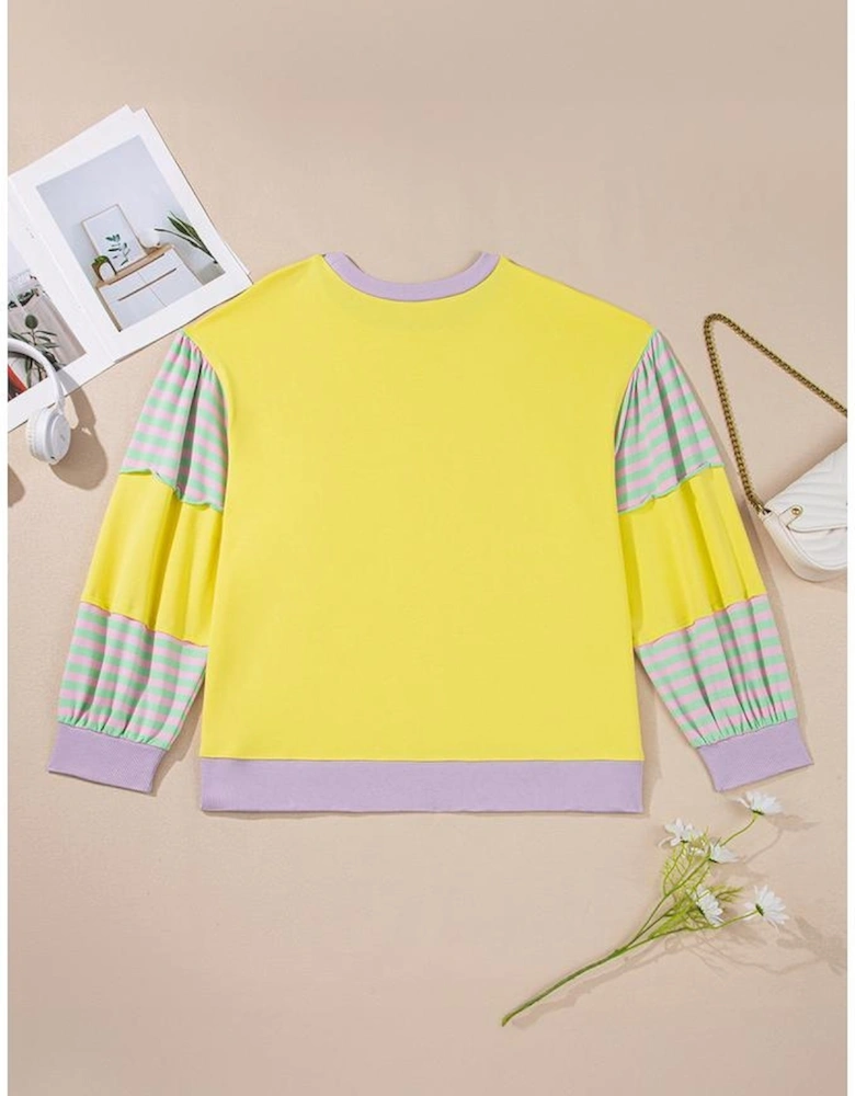 Yellow Striped Color Block Patchwork Crewneck Plus Size Pullover Sweatshirt