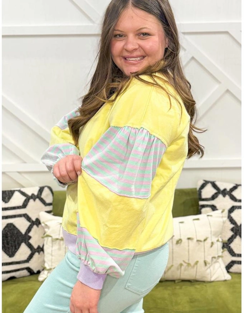 Yellow Striped Color Block Patchwork Crewneck Plus Size Pullover Sweatshirt