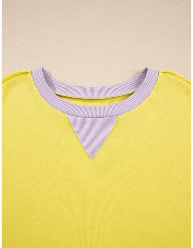 Yellow Striped Color Block Patchwork Crewneck Plus Size Pullover Sweatshirt