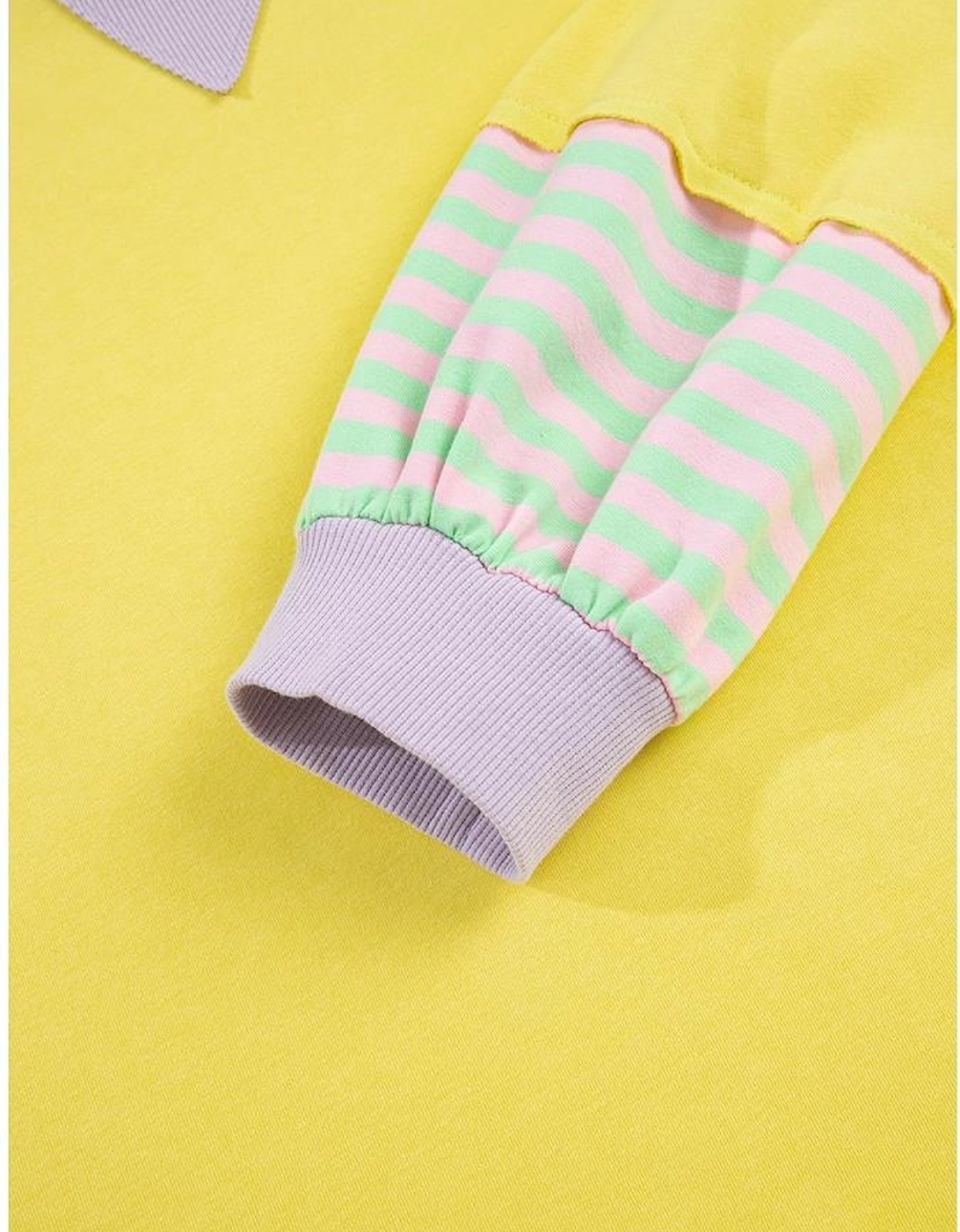 Yellow Striped Color Block Patchwork Crewneck Plus Size Pullover Sweatshirt