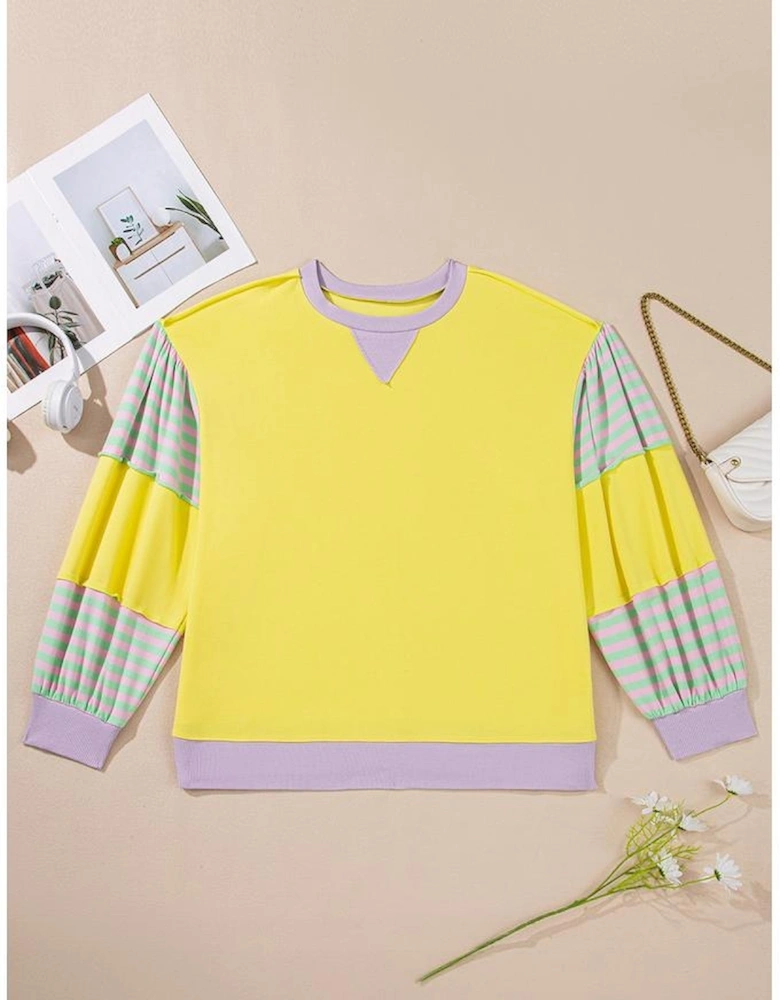 Yellow Striped Color Block Patchwork Crewneck Plus Size Pullover Sweatshirt