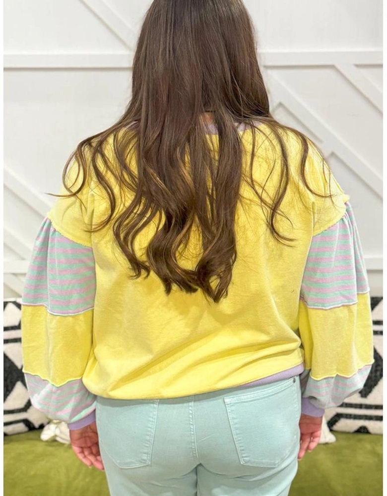 Yellow Striped Color Block Patchwork Crewneck Plus Size Pullover Sweatshirt