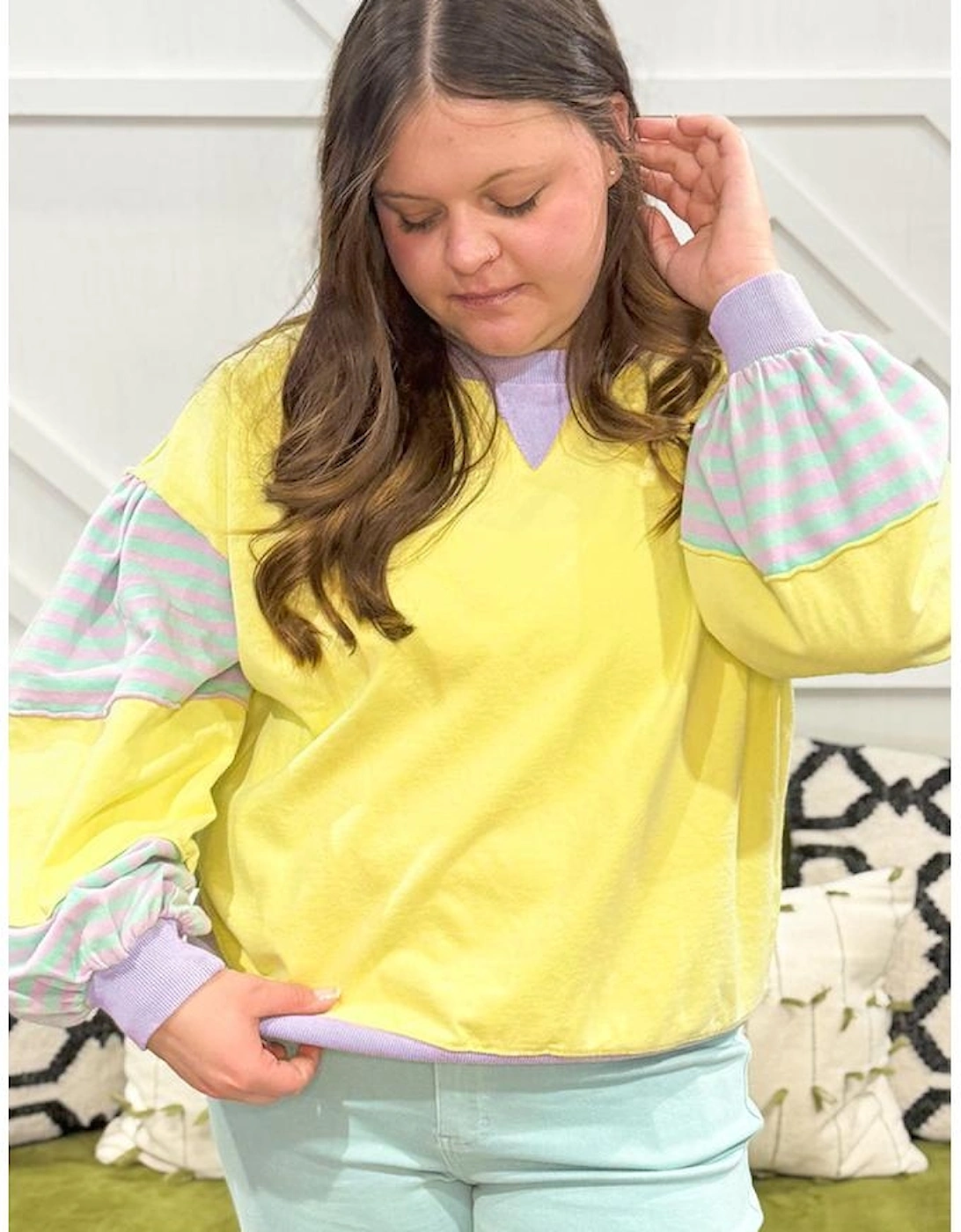 Yellow Striped Color Block Patchwork Crewneck Plus Size Pullover Sweatshirt
