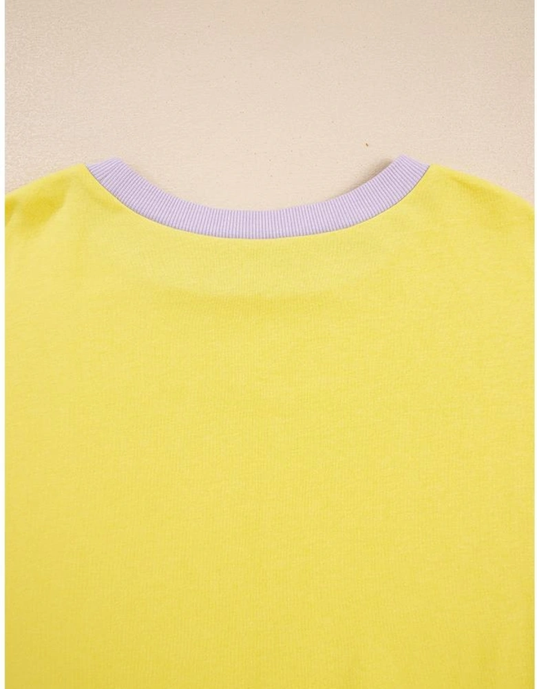 Yellow Striped Color Block Patchwork Crewneck Plus Size Pullover Sweatshirt