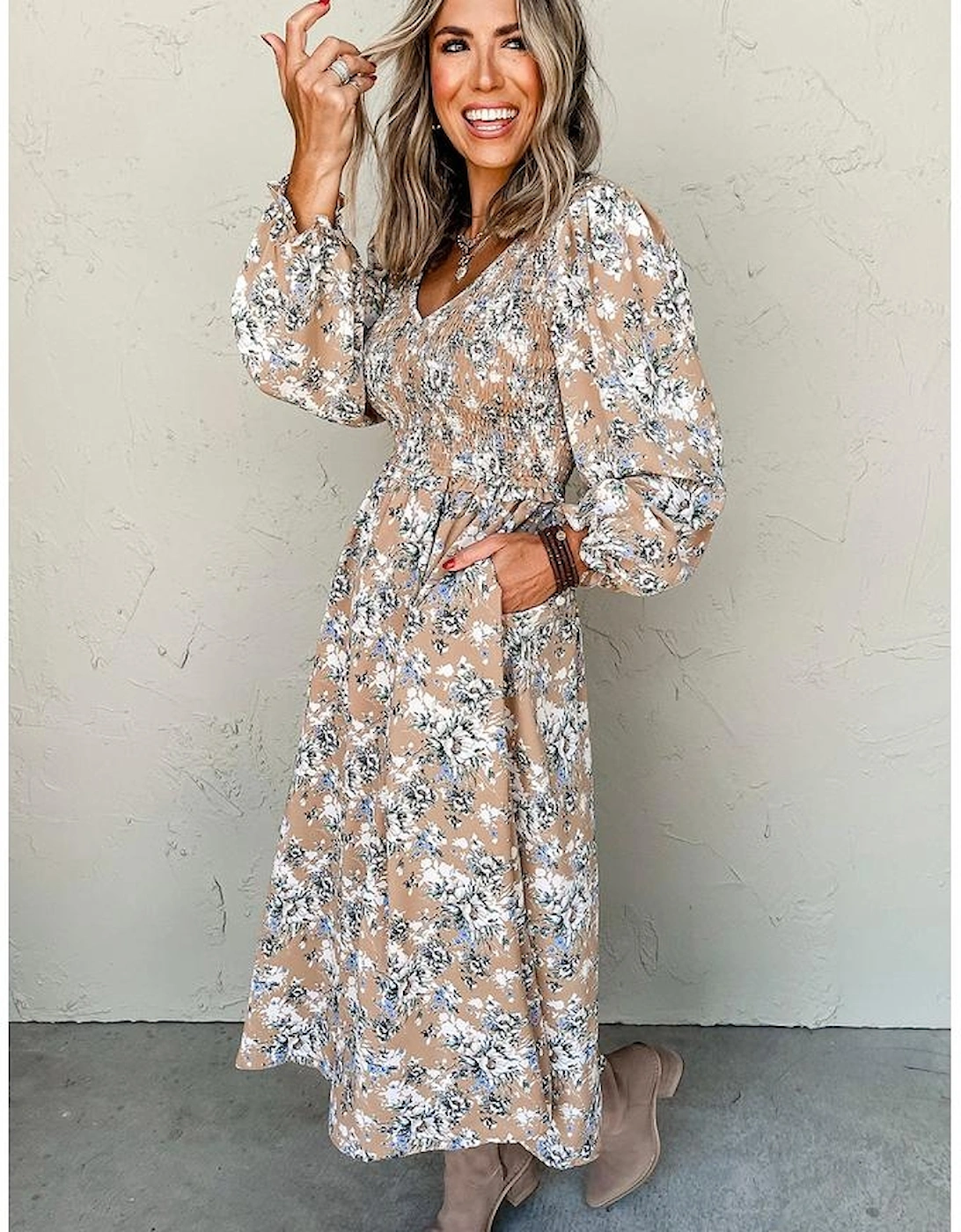 Khaki Maple Grove Floral Smocked Puff Sleeve Long Dress, 12 of 11