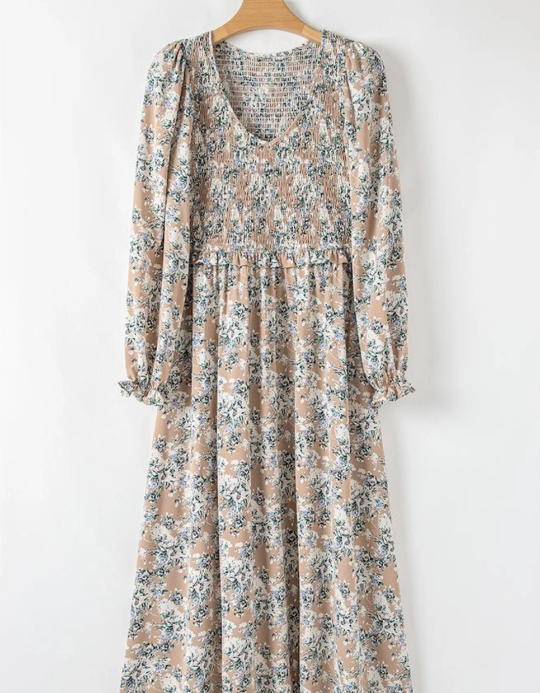 Khaki Maple Grove Floral Smocked Puff Sleeve Long Dress