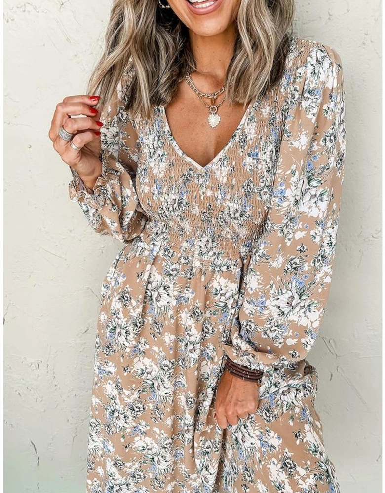 Khaki Maple Grove Floral Smocked Puff Sleeve Long Dress