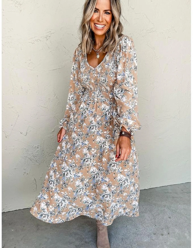 Khaki Maple Grove Floral Smocked Puff Sleeve Long Dress