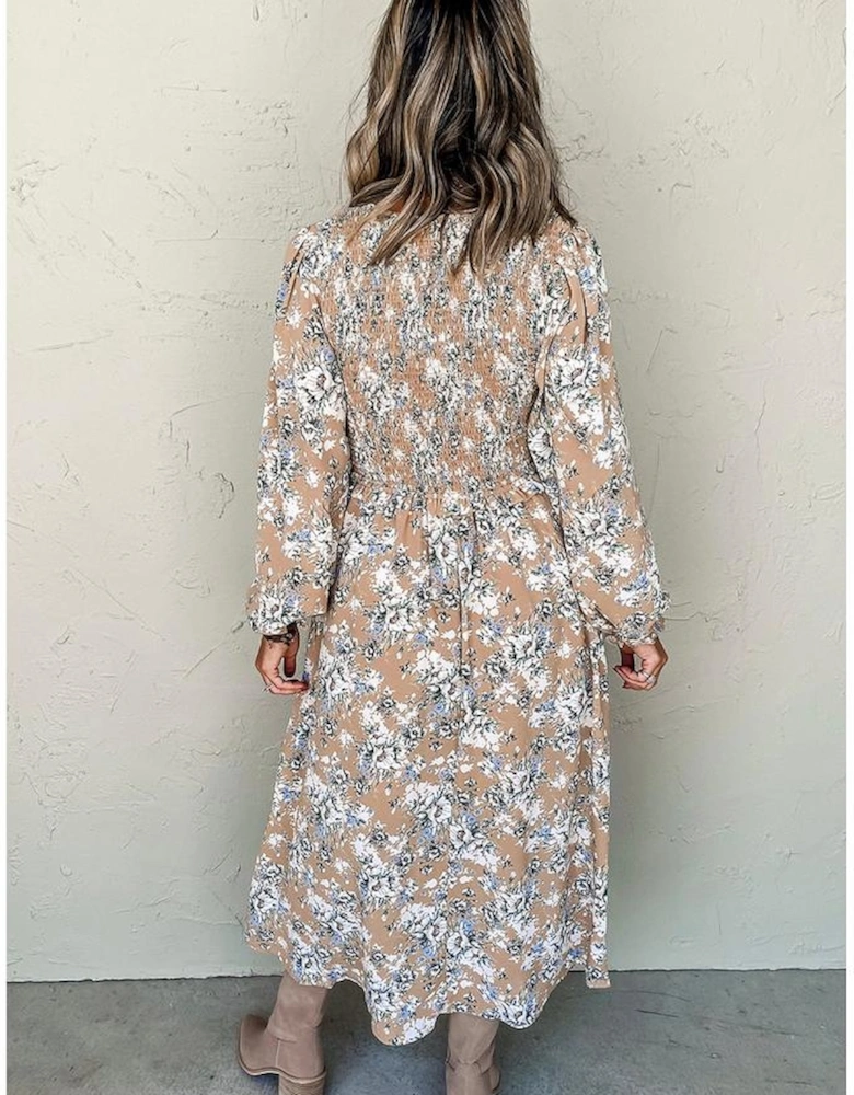 Khaki Maple Grove Floral Smocked Puff Sleeve Long Dress