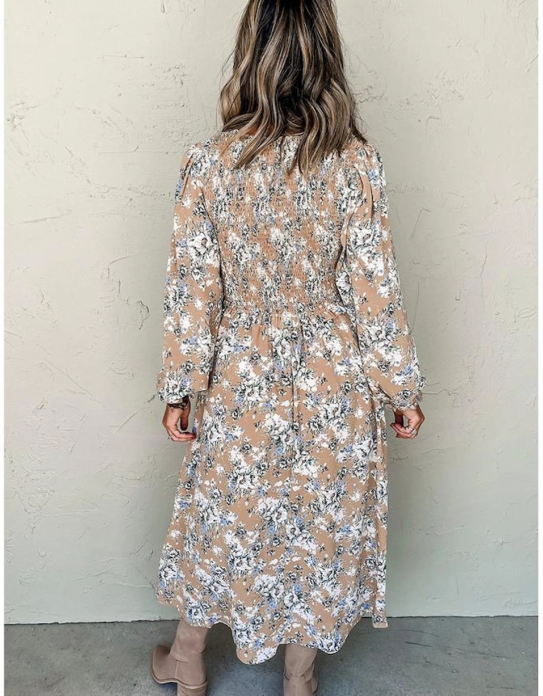 Khaki Maple Grove Floral Smocked Puff Sleeve Long Dress
