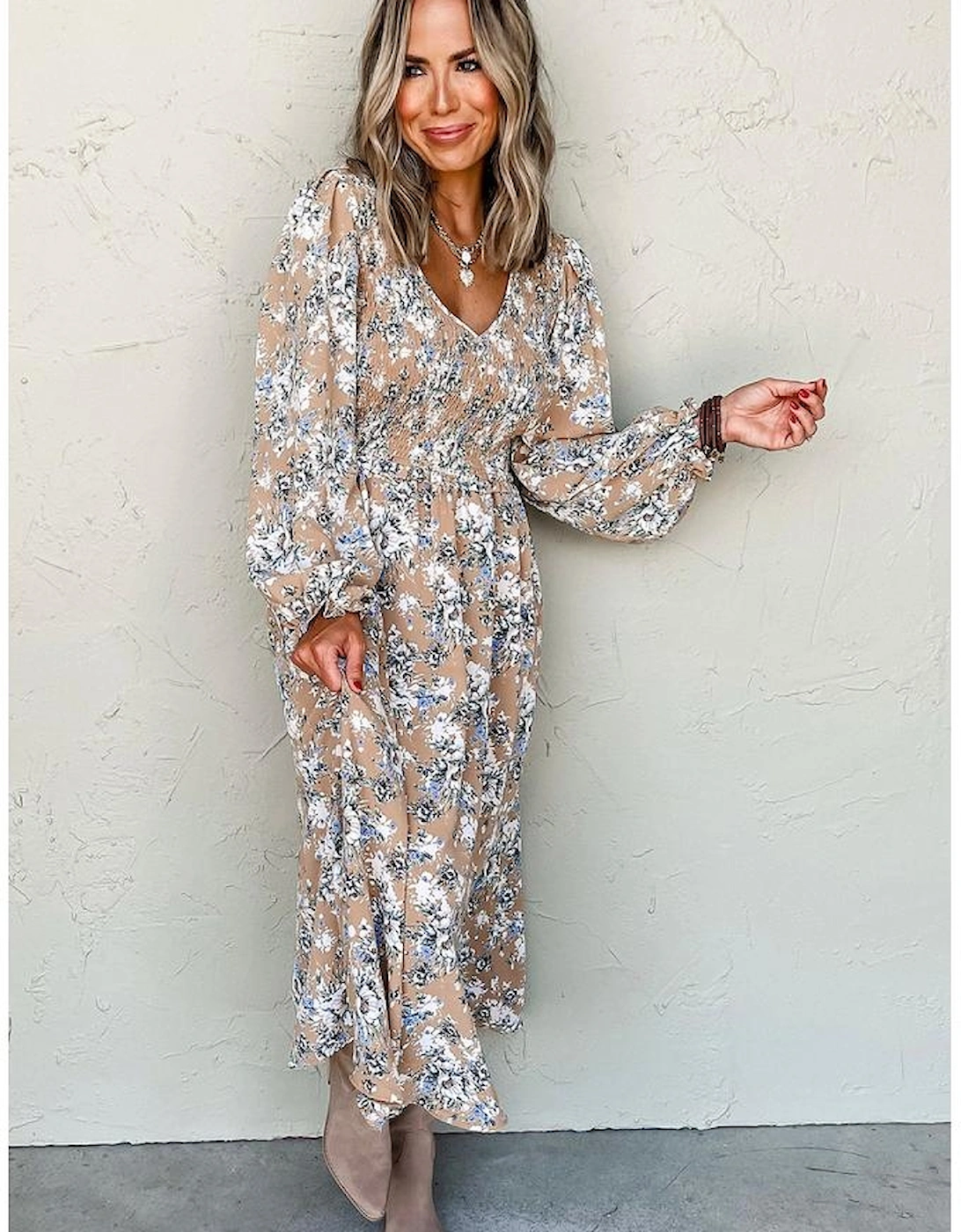 Khaki Maple Grove Floral Smocked Puff Sleeve Long Dress