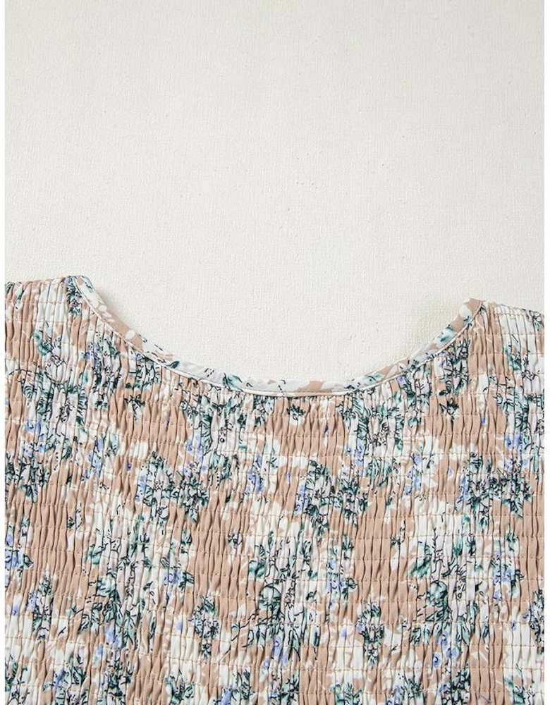 Khaki Maple Grove Floral Smocked Puff Sleeve Long Dress