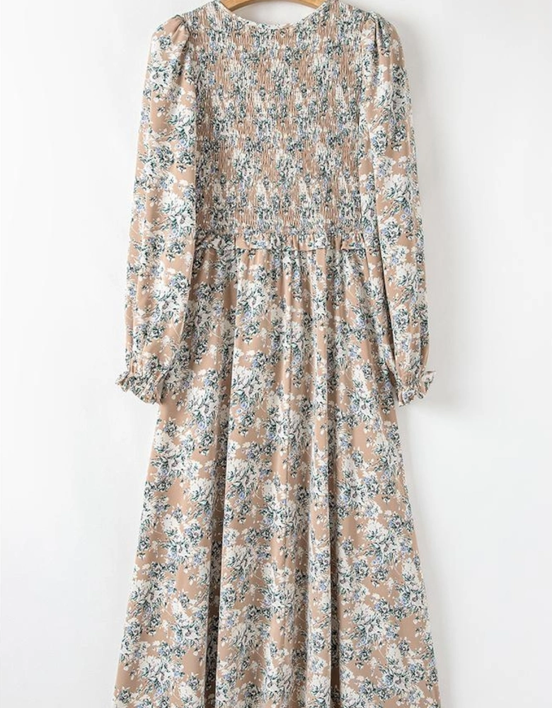 Khaki Maple Grove Floral Smocked Puff Sleeve Long Dress