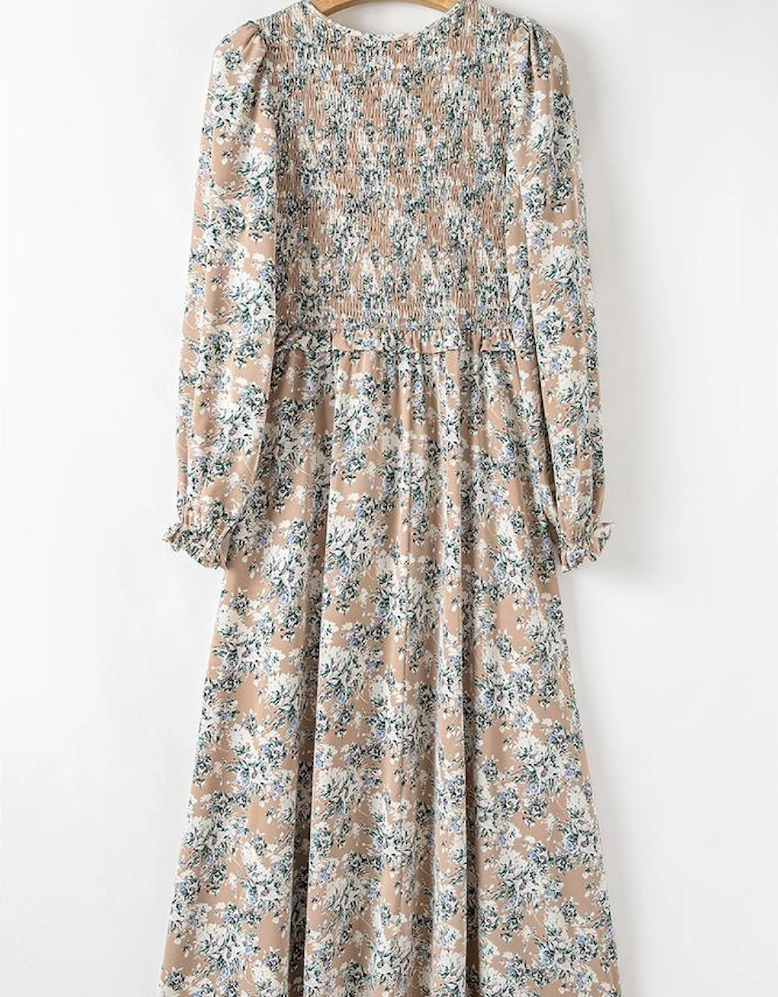 Khaki Maple Grove Floral Smocked Puff Sleeve Long Dress