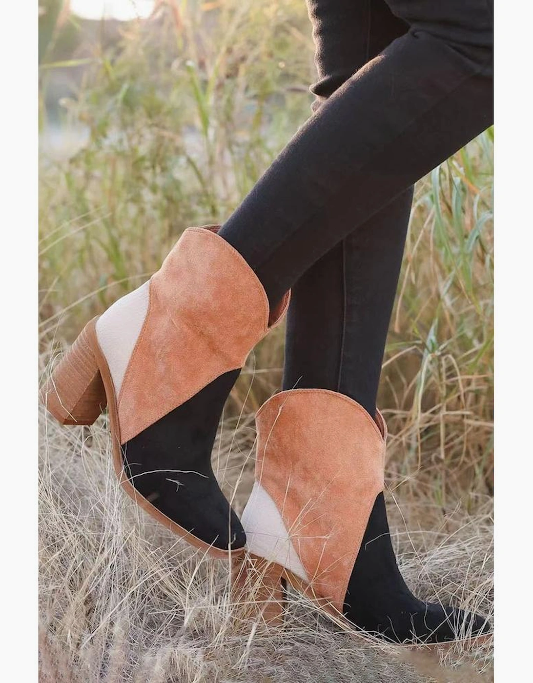 Black Colorblock Suede Heeled Ankle Booties
