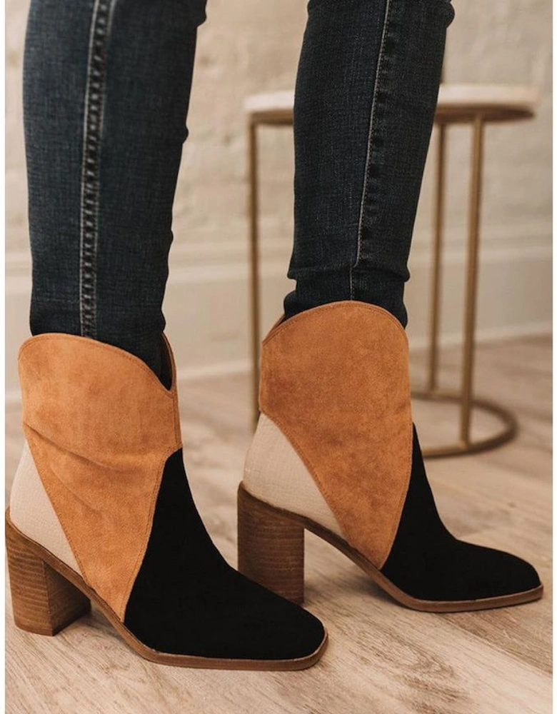 Black Colorblock Suede Heeled Ankle Booties