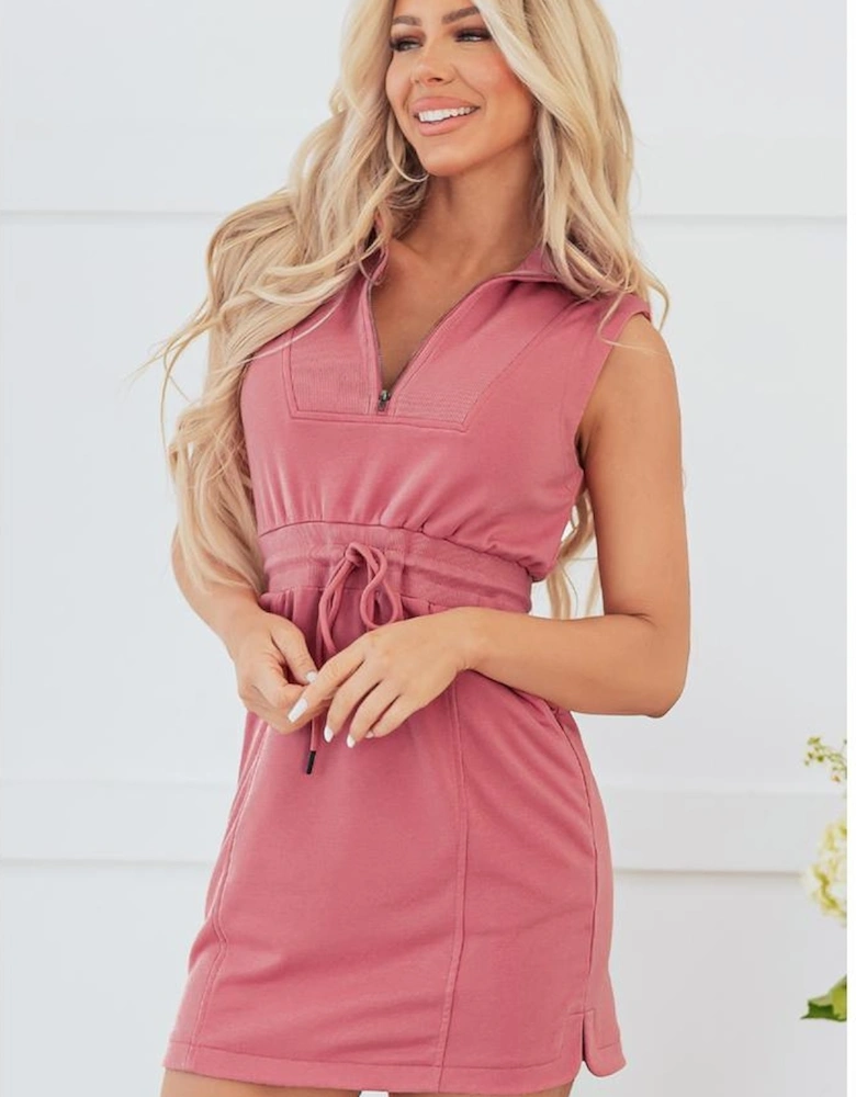 Mineral Red French Terry Zipped Collar Sleeveless Drawstring Waist Mini Dress