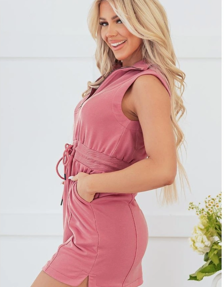 Mineral Red French Terry Zipped Collar Sleeveless Drawstring Waist Mini Dress