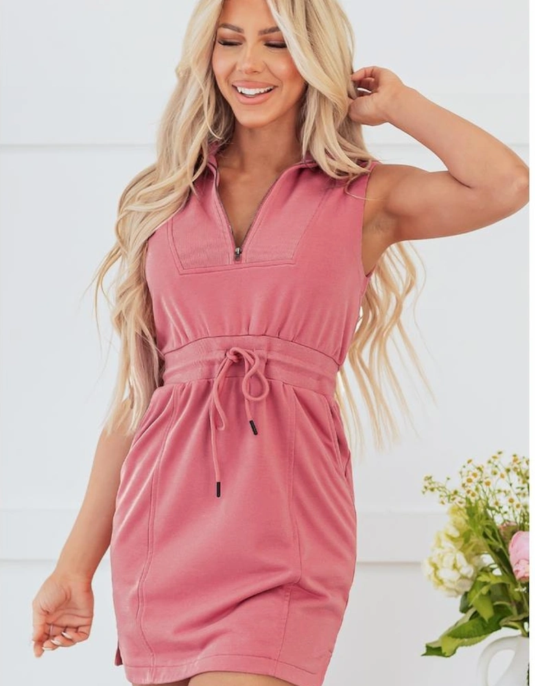 Mineral Red French Terry Zipped Collar Sleeveless Drawstring Waist Mini Dress