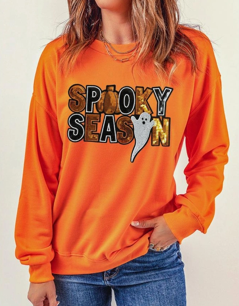 Russet Orange Sequin SPOOKY SEASON Ghost Pattern Halloween Pullover Sweatshirt