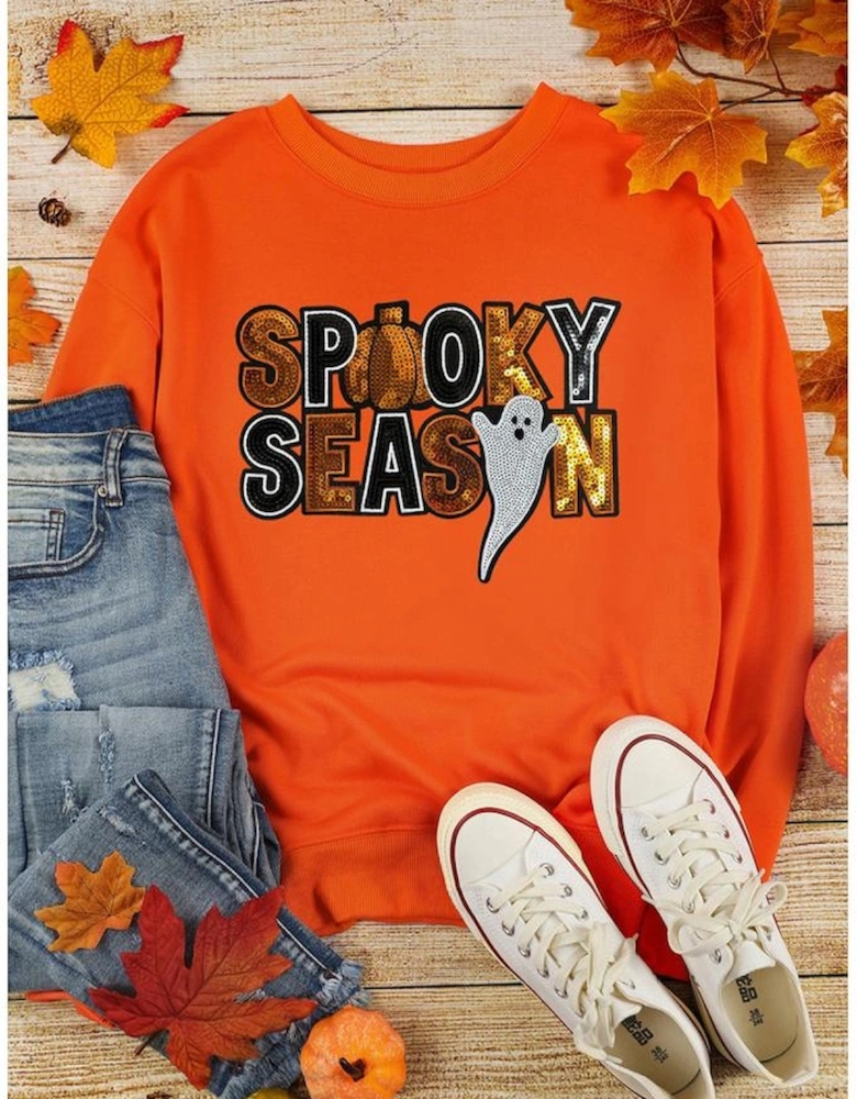 Russet Orange Sequin SPOOKY SEASON Ghost Pattern Halloween Pullover Sweatshirt