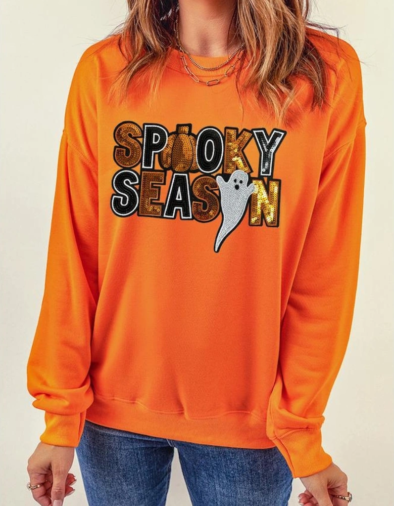 Russet Orange Sequin SPOOKY SEASON Ghost Pattern Halloween Pullover Sweatshirt
