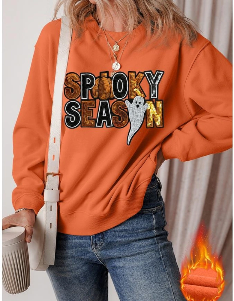 Russet Orange Sequin SPOOKY SEASON Ghost Pattern Halloween Pullover Sweatshirt