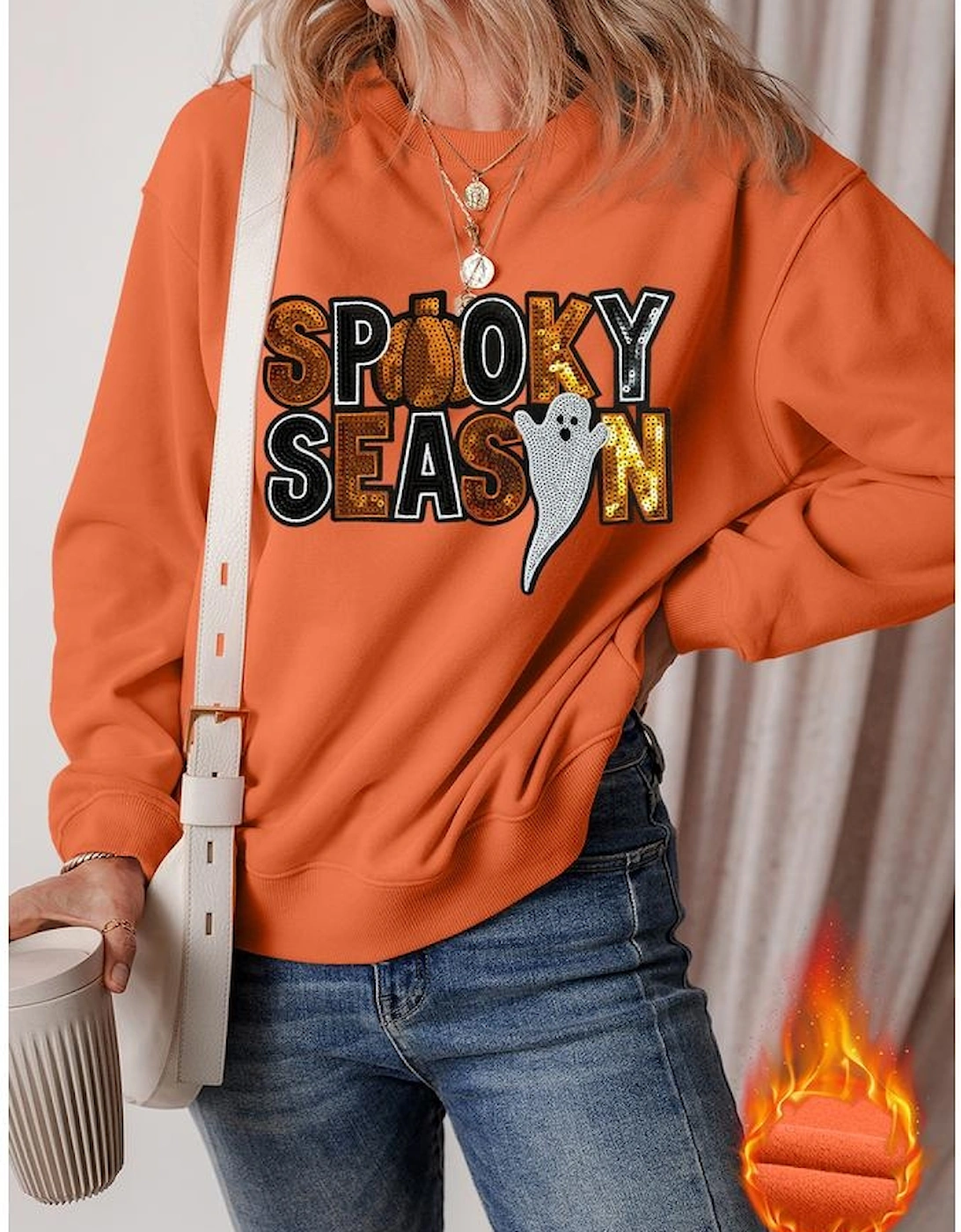 Russet Orange Sequin SPOOKY SEASON Ghost Pattern Halloween Pullover Sweatshirt