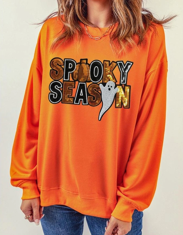 Russet Orange Sequin SPOOKY SEASON Ghost Pattern Halloween Pullover Sweatshirt