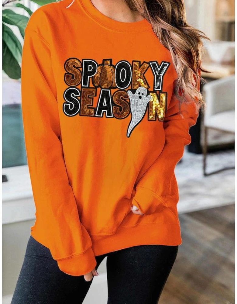 Russet Orange Sequin SPOOKY SEASON Ghost Pattern Halloween Pullover Sweatshirt