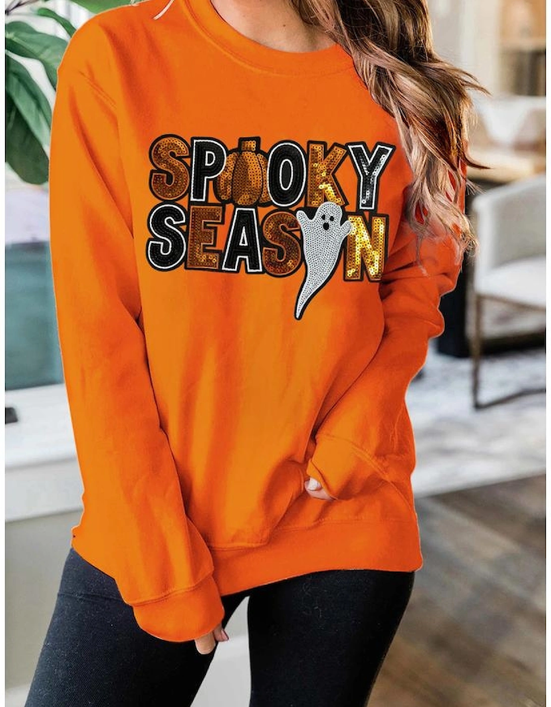 Russet Orange Sequin SPOOKY SEASON Ghost Pattern Halloween Pullover Sweatshirt