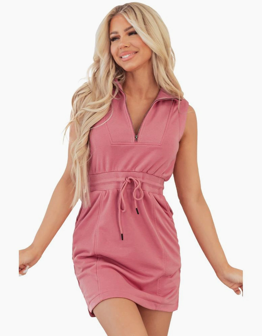 Mineral Red French Terry Zipped Collar Sleeveless Drawstring Waist Mini Dress