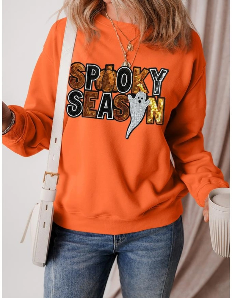 Russet Orange Sequin SPOOKY SEASON Ghost Pattern Halloween Pullover Sweatshirt