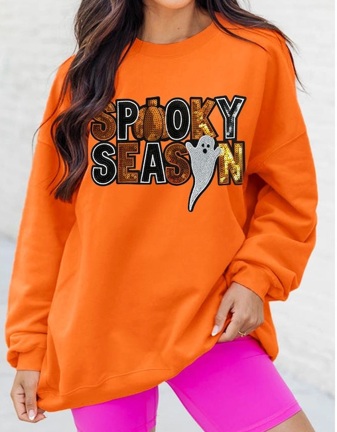 Russet Orange Sequin SPOOKY SEASON Ghost Pattern Halloween Pullover Sweatshirt