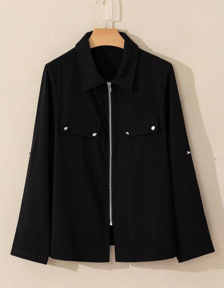 Black Collar Tab Sleeve Zip Up Flap Detail Jacket