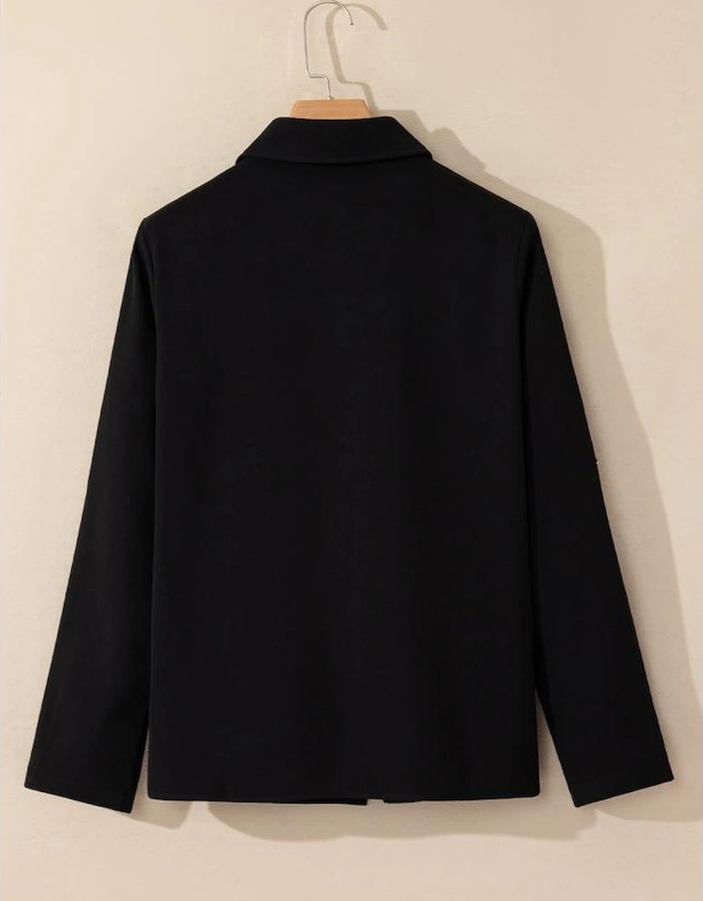 Black Collar Tab Sleeve Zip Up Flap Detail Jacket