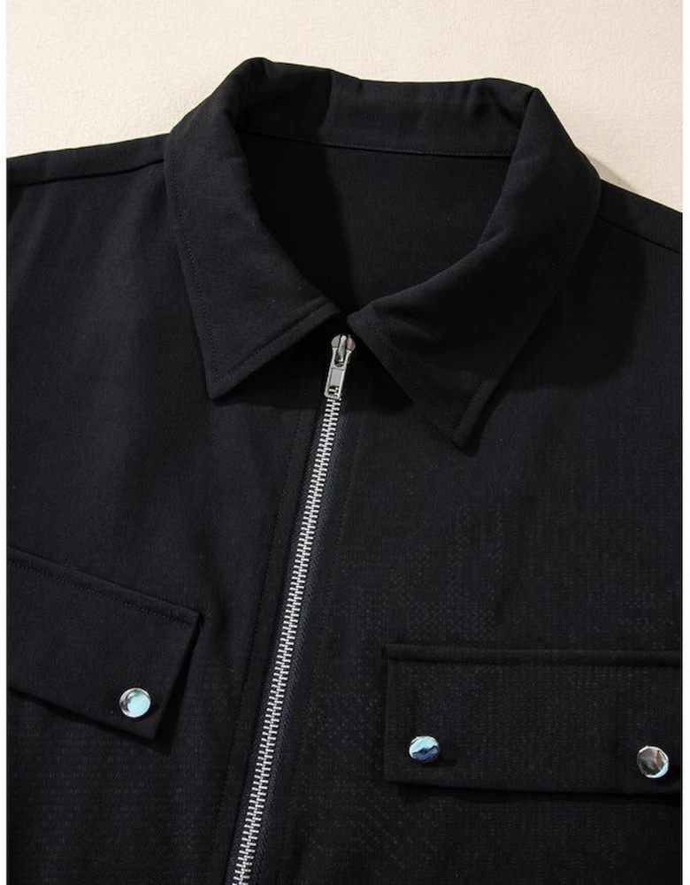 Black Collar Tab Sleeve Zip Up Flap Detail Jacket