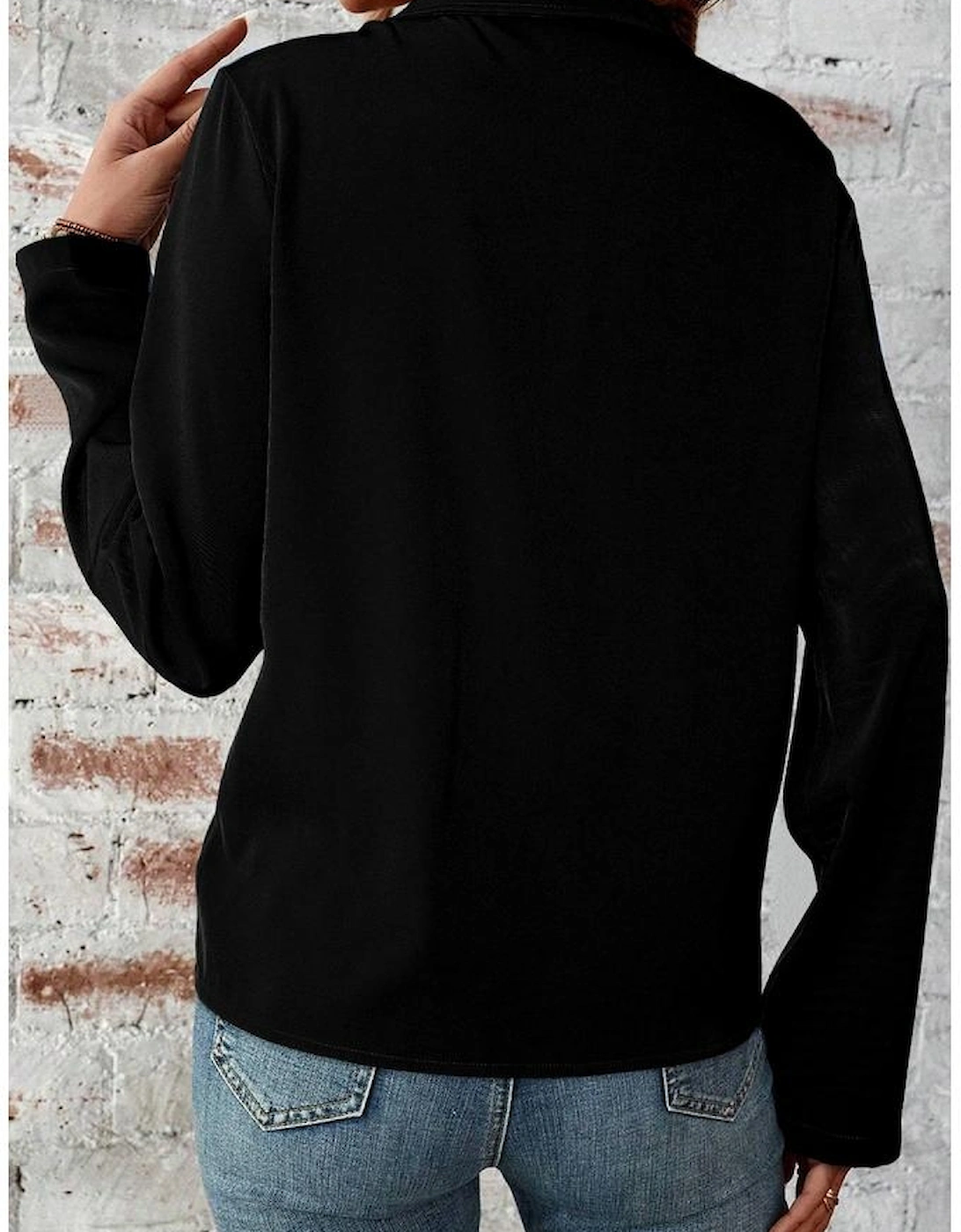 Black Collar Tab Sleeve Zip Up Flap Detail Jacket, 12 of 11