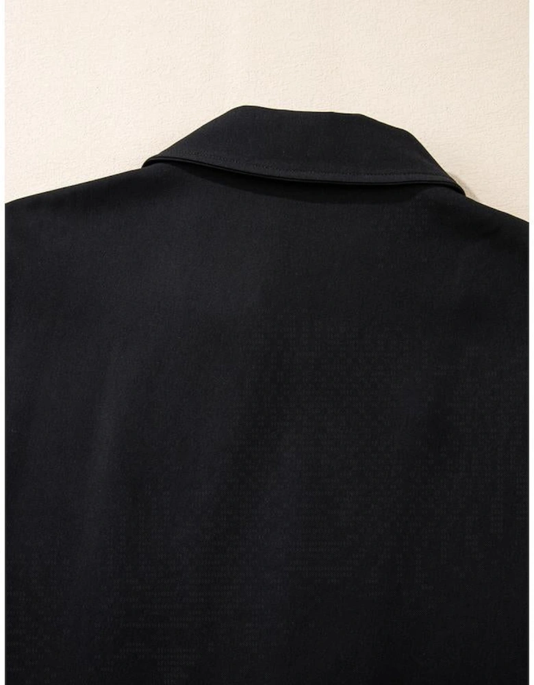 Black Collar Tab Sleeve Zip Up Flap Detail Jacket