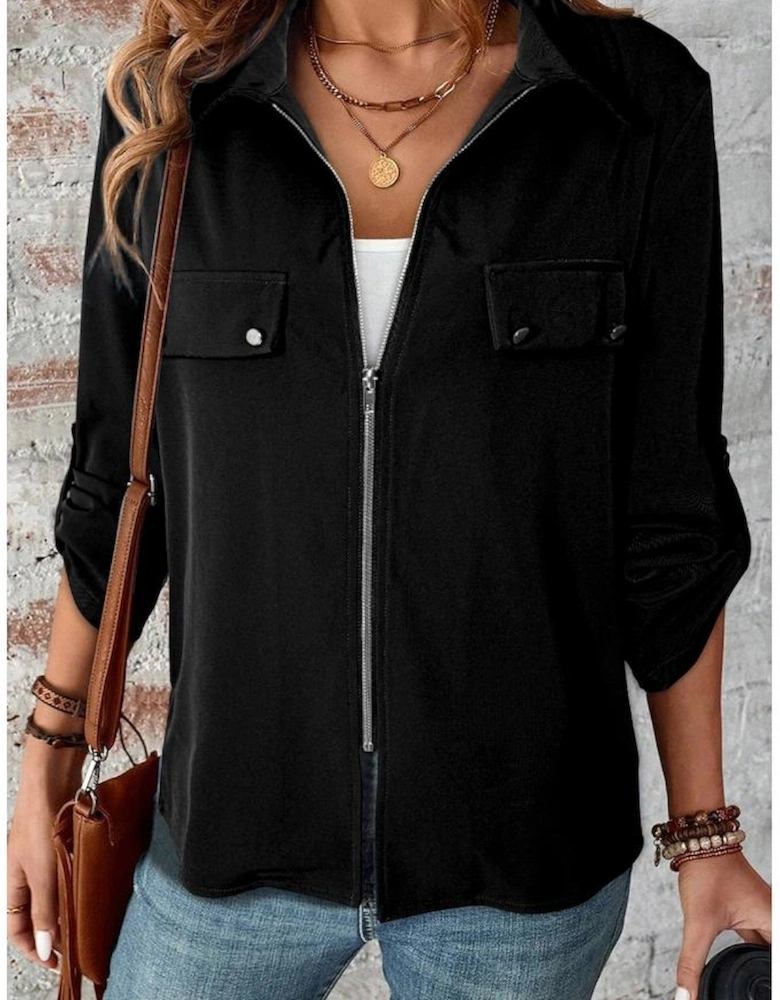 Black Collar Tab Sleeve Zip Up Flap Detail Jacket