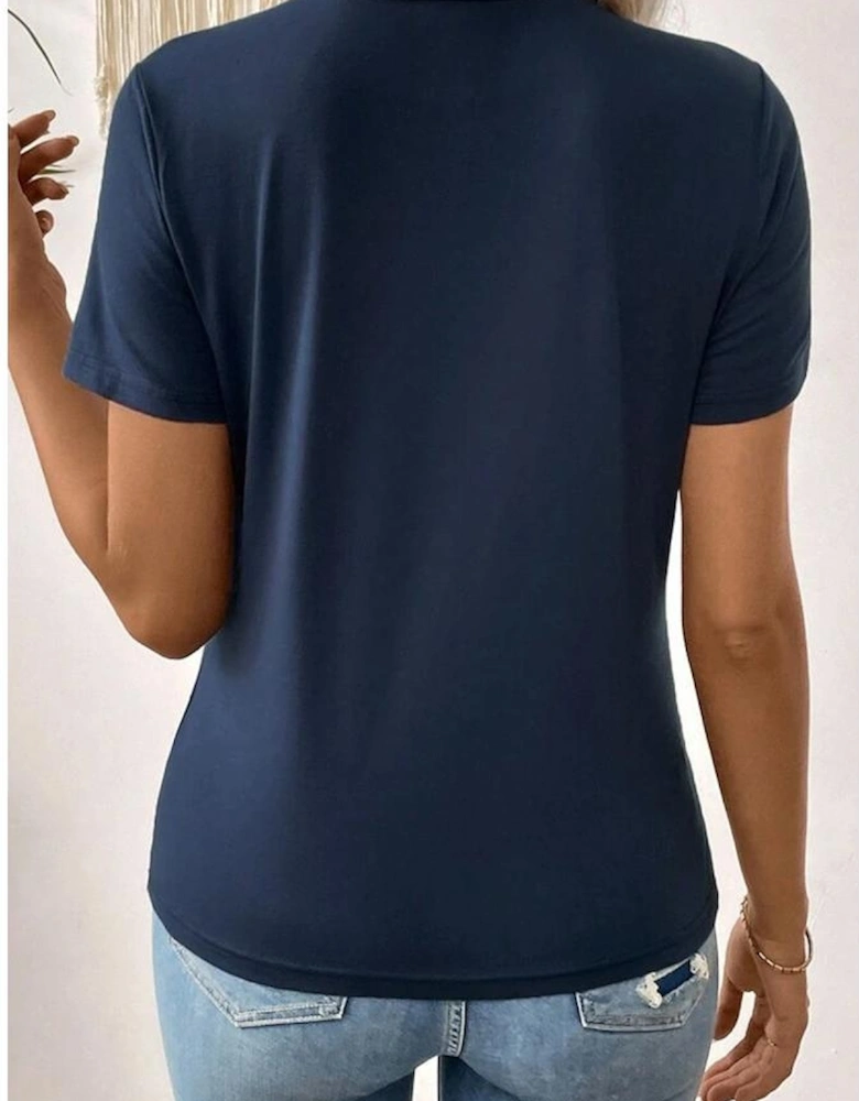 Dirty blue Solid Color Toothpick Stripe Round Neck T Shirt