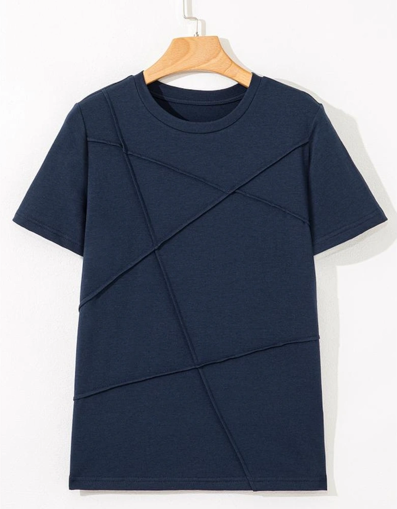 Dirty blue Solid Color Toothpick Stripe Round Neck T Shirt
