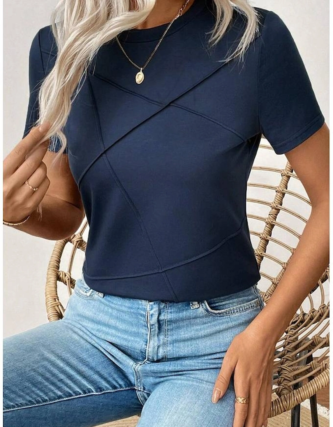 Dirty blue Solid Color Toothpick Stripe Round Neck T Shirt