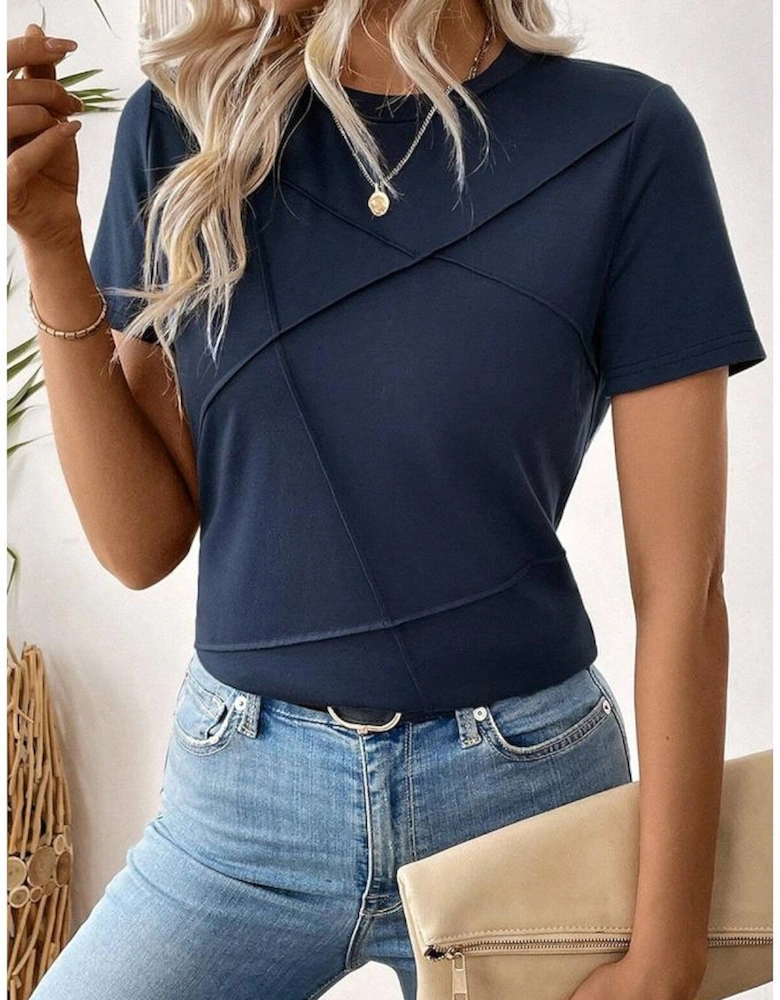 Dirty blue Solid Color Toothpick Stripe Round Neck T Shirt