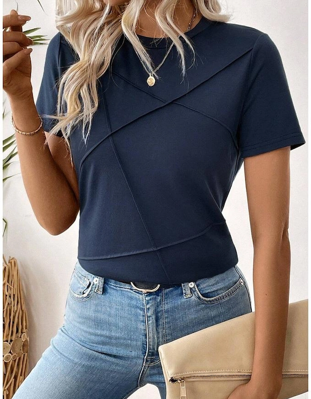 Dirty blue Solid Color Toothpick Stripe Round Neck T Shirt