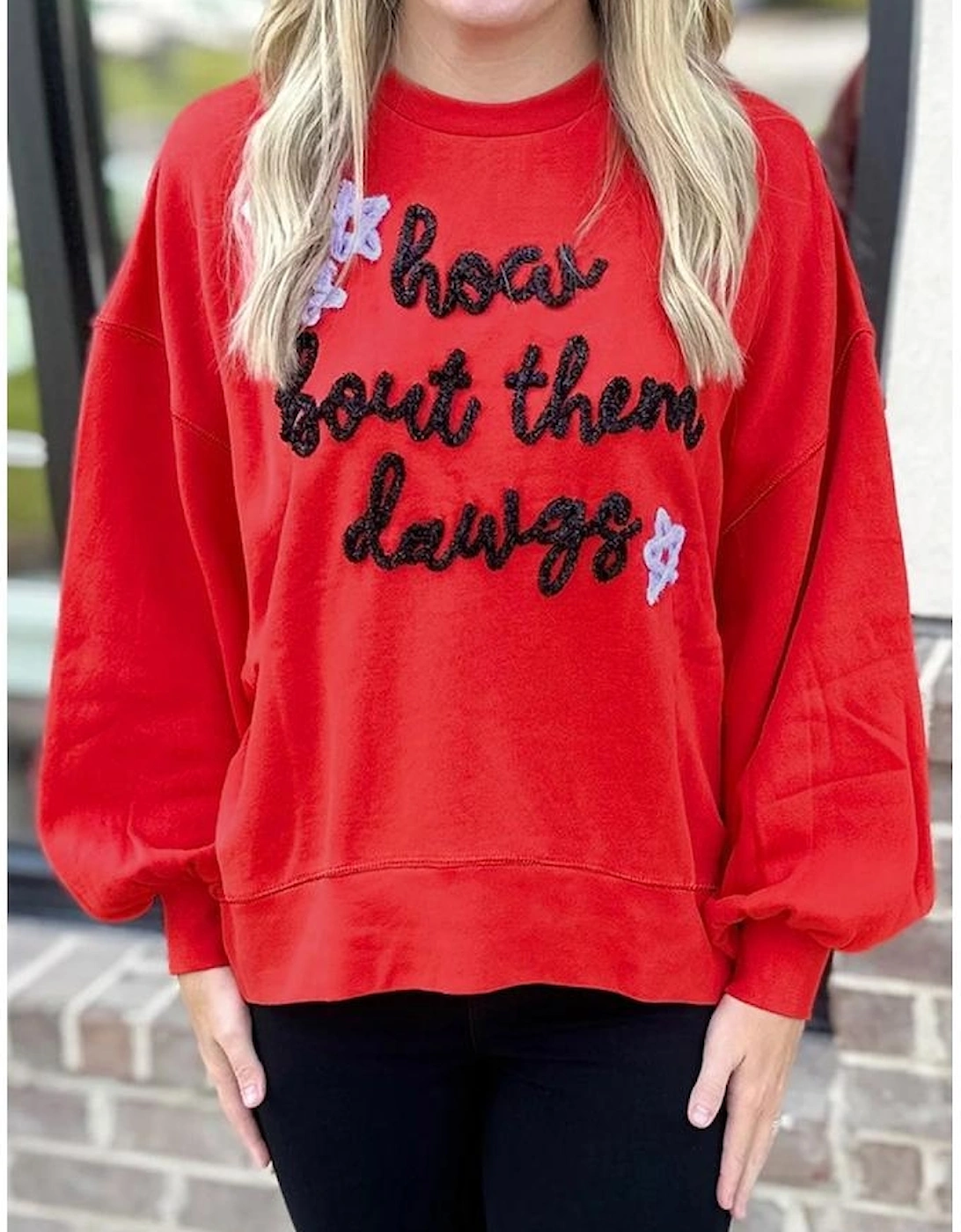 Fiery Red How Bout Them Dawgs Embroidered Script Balloon Sleeve Sweatshirt