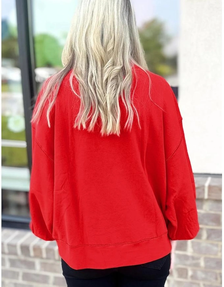 Fiery Red How Bout Them Dawgs Embroidered Script Balloon Sleeve Sweatshirt